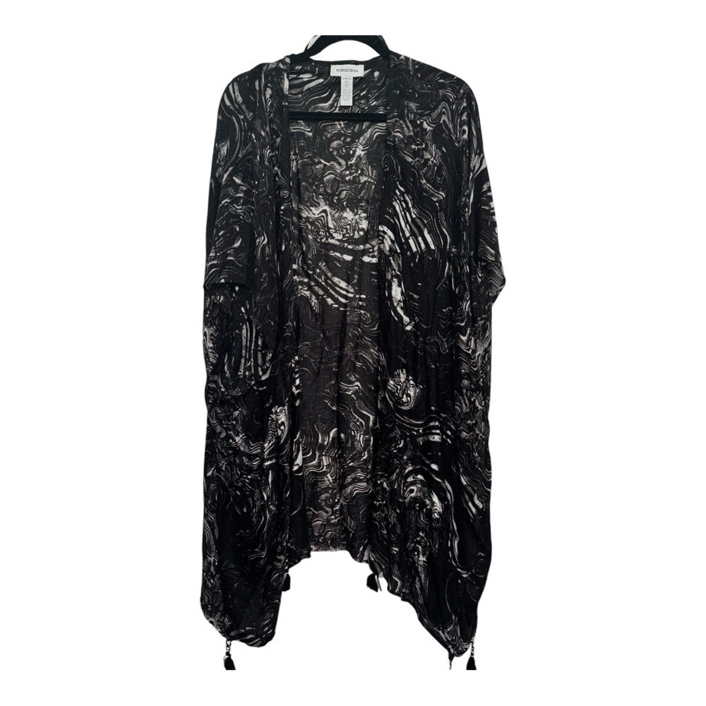 Nordstrom Women's Tassel Kimono Duster Cardigan Black White One Size - Picture 3 of 7